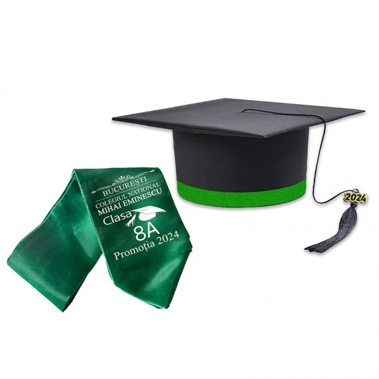 Toca Absolvire neagra cu bentita verde + esarfa personalizata - Toci clasa 8 Toca Absolvire neagra cu bentita verde + esarfa personalizata - Toci clasa 8