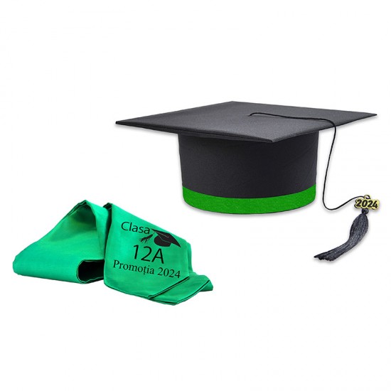 Toca Absolvire neagra cu bentita verde + esarfa personalizata - Gradinita Toca Absolvire neagra cu bentita verde + esarfa personalizata - Gradinita